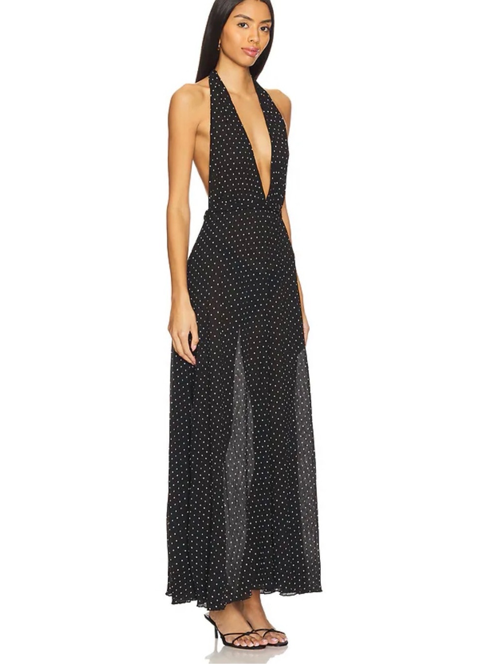 Lioness Black Polka Dot Halter Backless Maxi Dress S District Maxi Dress - Picture 2 of 3